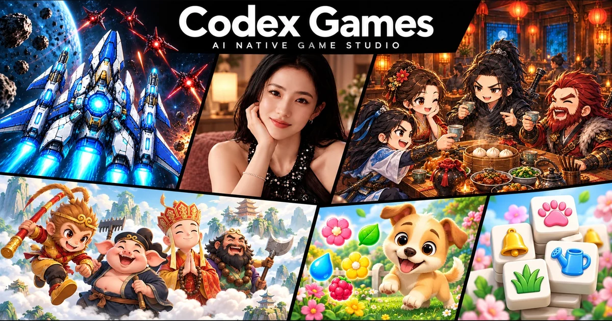 Codex Games: space battles, a quiet companion, a wuxia tavern, a journey west, a growing garden, and colorful tile puzzles.